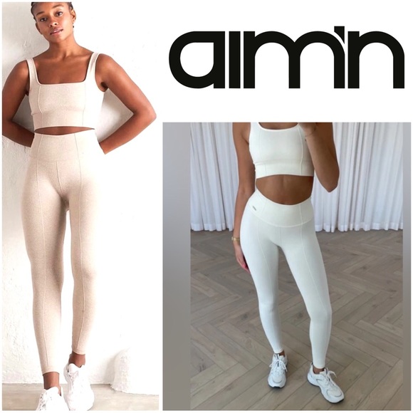 aimn Pants - Aimn 💗 2 piece Luxe Seamless off white waffle knit leggings and sports bra set
